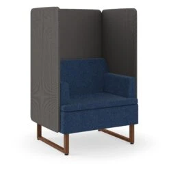 HON Astir One Seat Lounge | High Back Screen | Navy Fabric | Lowell Ash Sled Wood Legs