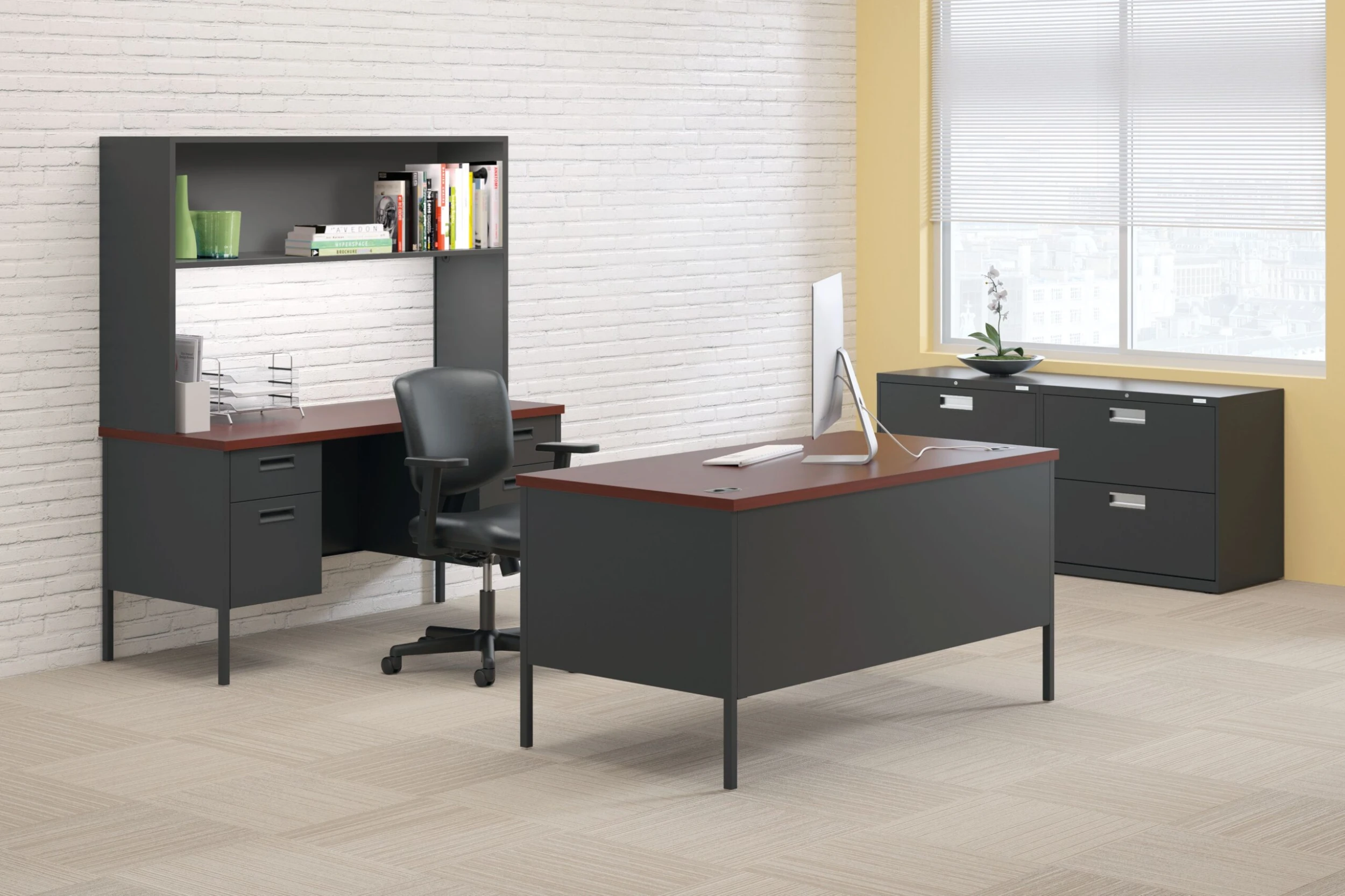 HON Metro Classic Double Pedestal Desk | 2 Box / 2 File Drawers | 60"W | Mahogany Laminate | Charcoal Finish 4 HON Metro Classic Double Pedestal Desk | 2 Box / 2 File Drawers | 60"W | Mahogany Laminate | Charcoal Finish - Image 2