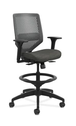 HON Solve Mid-Back Task Stool | Charcoal ReActiv Back | Adjustable Lumbar | Black Frame | Ink Seat Fabric