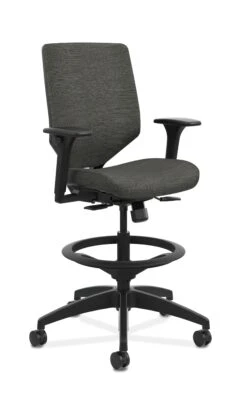 HON Solve Mid-Back Task Stool | Upholstered Charcoal ReActiv Back | Adjustable Lumbar | Black Frame | Ink Seat Fabric