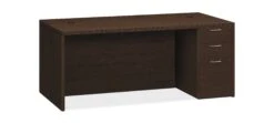 HON Valido Right Pedestal Desk | 2 Box / 1 File Drawer | 72"W | Satin Nickel Sweep Pull | Mocha Finish