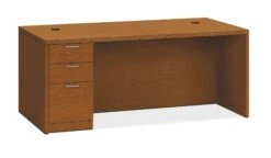 HON Valido Left Pedestal Desk | 2 Box / 1 File Drawer | 72"W | Satin Nickel Sweep Pull | Bourbon Cherry Finish