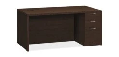 HON Valido Right Pedestal Desk | 2 Box / 1 File Drawer | 66"W | Satin Nickel Sweep Pull | Mocha Finish