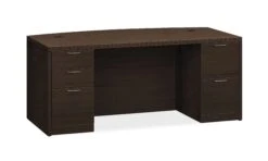 HON Valido Double Pedestal Desk | Bow Top | 2 Box / 3 File Drawers | 72"W | Satin Nickel Sweep Pull | Mocha Finish
