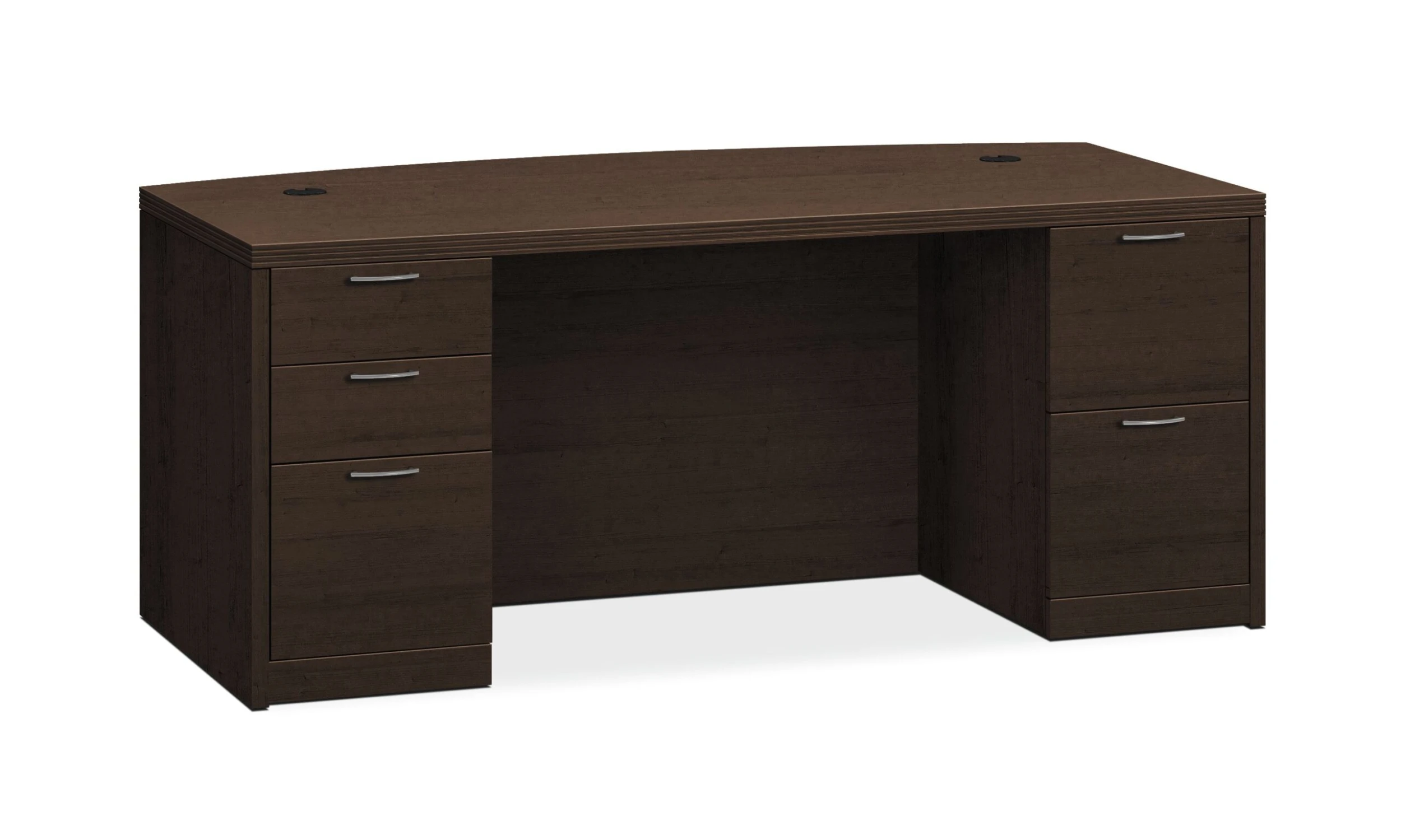 HON Valido Double Pedestal Desk | Bow Top | 2 Box / 3 File Drawers | 72"W | Satin Nickel Sweep Pull | Mocha Finish 3 HON Valido Double Pedestal Desk | Bow Top | 2 Box / 3 File Drawers | 72"W | Satin Nickel Sweep Pull | Mocha Finish