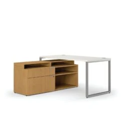HON Voi Compact L-Workstation | Desk, Low Credenza, Layering Shelf | 60"W X 60"D | Platinum / Silver Mesh / Harvest Finish